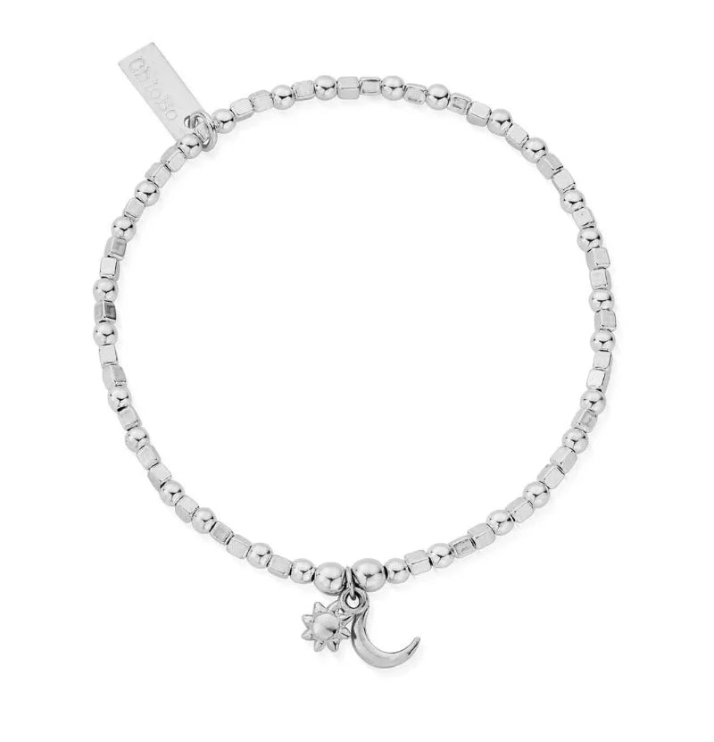 Chlobo silver bracelet with cube beads and two charms - a sun and a moon | Carathea