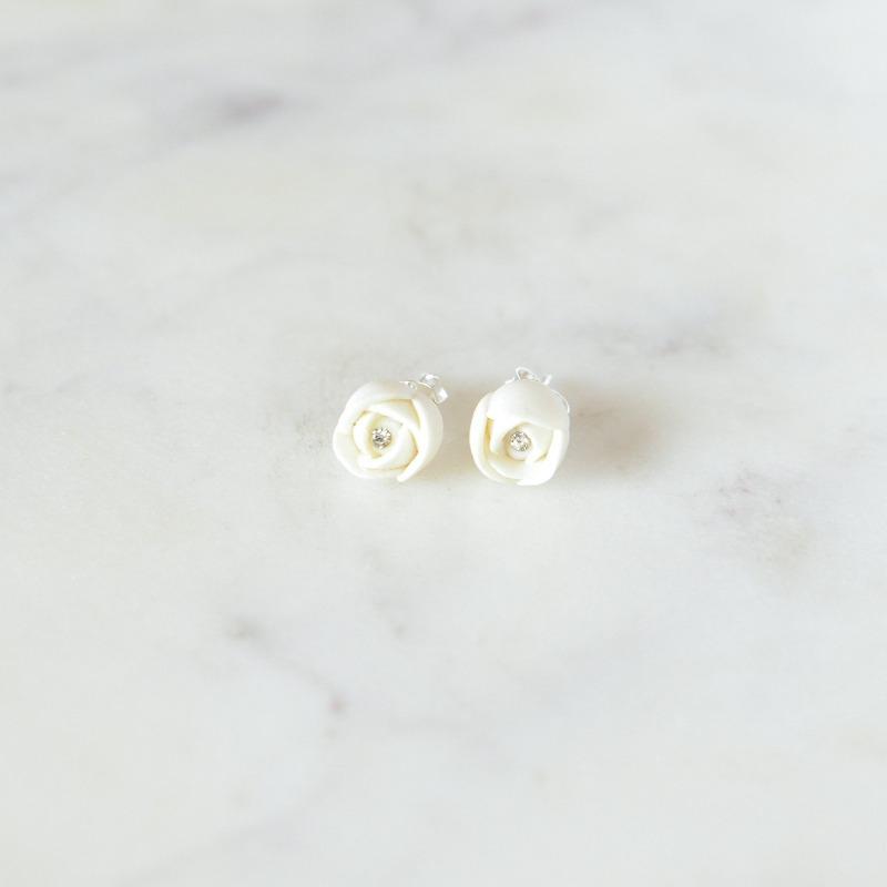 Porcelain Dainty Rose Bud Stud Earrings in Ivory White Earrings Hop Skip Flutter 