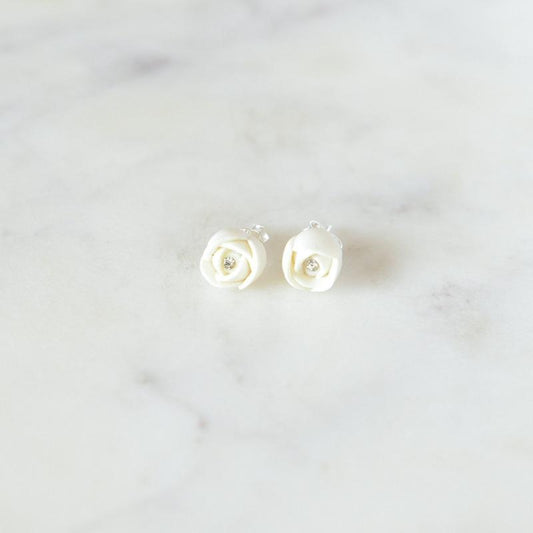 Porcelain Dainty Rose Bud Stud Earrings in Ivory White Earrings Hop Skip Flutter 