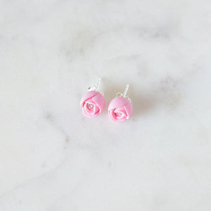 Porcelain Dainty Rose Bud Stud Earrings in Pink Earrings Hop Skip Flutter 