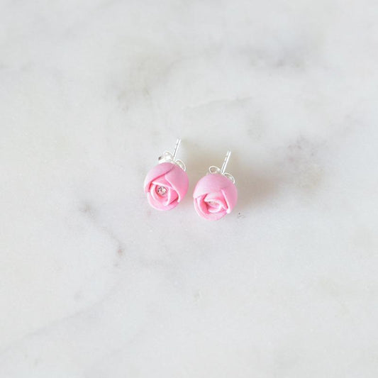 Porcelain Dainty Rose Bud Stud Earrings in Pink Earrings Hop Skip Flutter 