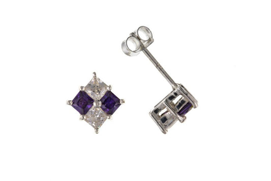 Silver Amethyst & White CZ Checkerboard Stud Earrings Ian Dunford 