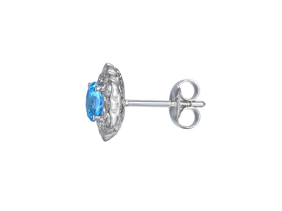 Silver Flower Stud Earrings with Blue Topaz & CZ Earrings AMORE 