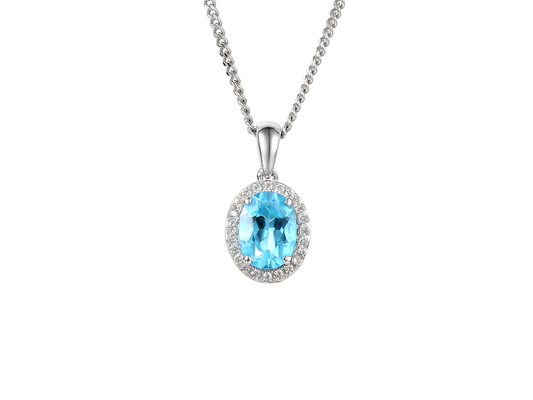 Silver Oval Blue Topaz and CZ Cluster Pendant