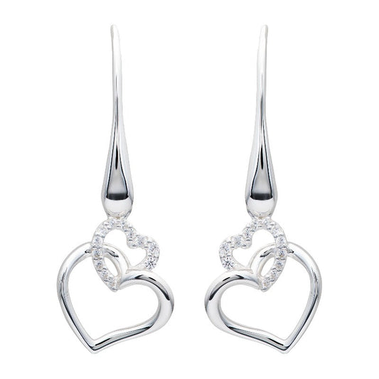 Silver Double Heart Drop Earrings with CZ Earrings Unique 