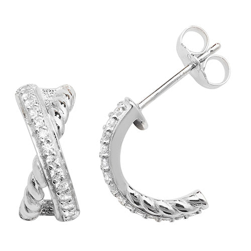 Silver Cross Over CZ Hoop Earrings Earrings Treasure House Limited 