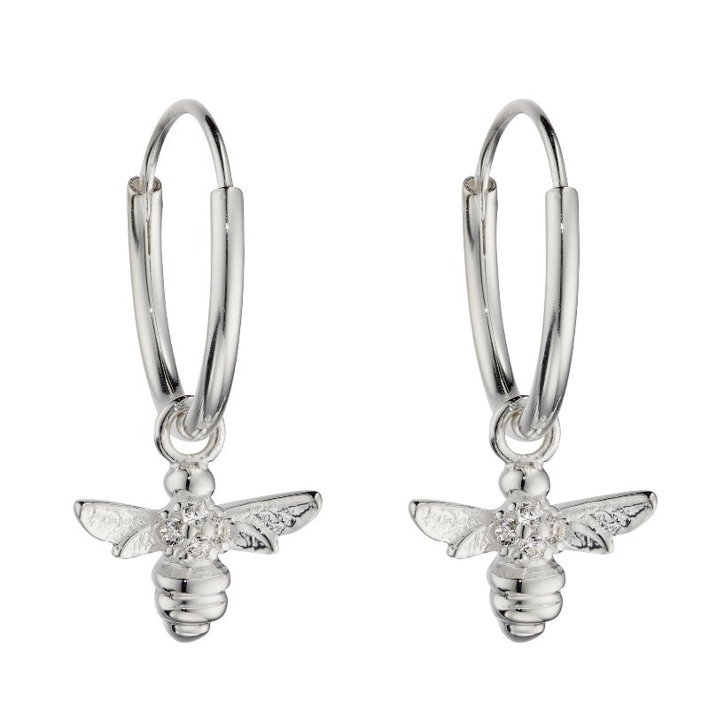 Silver Hoop Earrings with Bee Charm Dangle with CZ Rings Carathea 