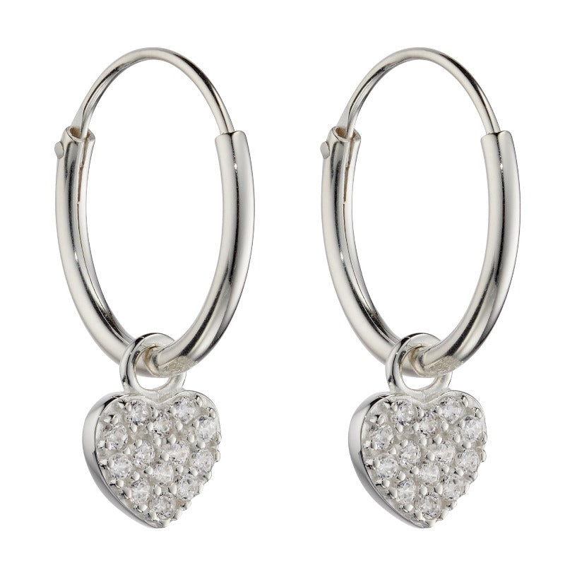Silver Small Hoop Earrings with Pave CZ Heart Charms Earrings Gecko 