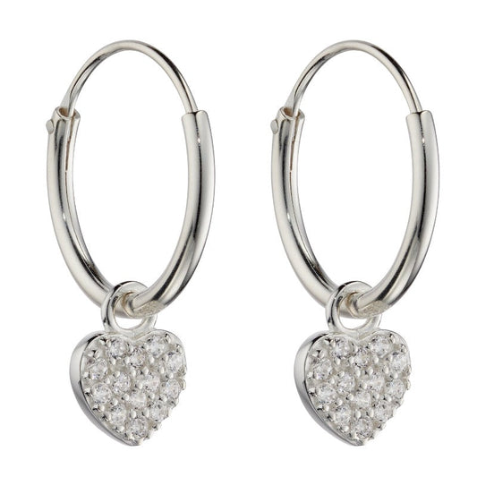 Silver Small Hoop Earrings with Pave CZ Heart Charms Earrings Gecko 