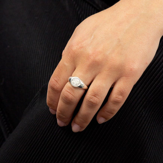 Silver Signet Ring with CZ and Sunray Texture Rings Gecko 