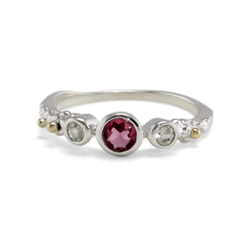 Silver Pink Tourmaline & White Topaz Flower Ring Rings Banyan L 