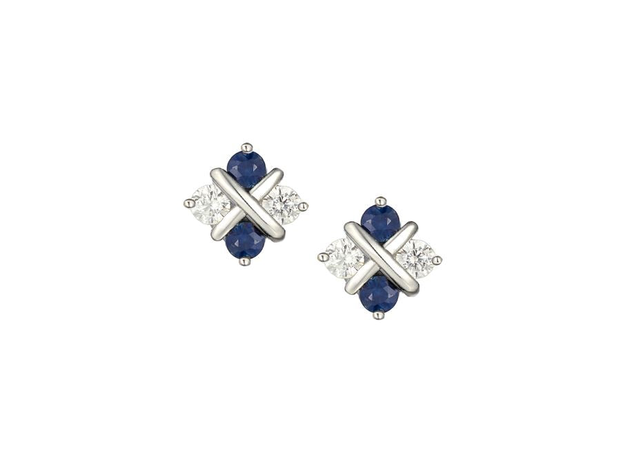 Silver Real Sapphire and CZ Checkerboard Stud Earrings AMORE 