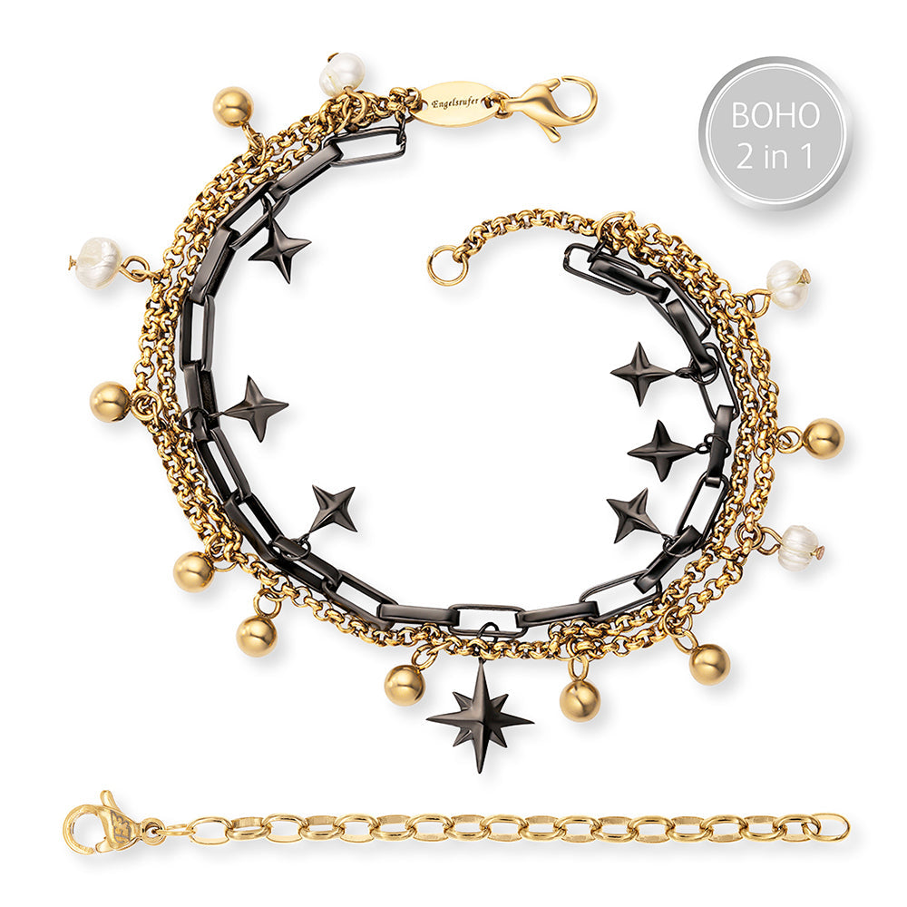 gold and black coloured anklet/bracelet with stars and balls