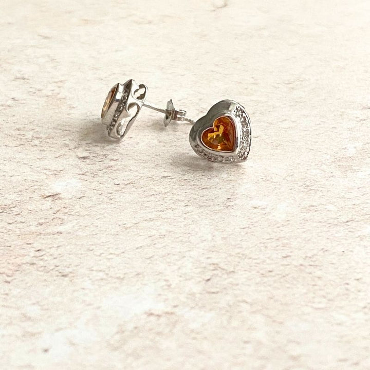 white gold citrine & diamond heart stud earrings Carathea jewellers