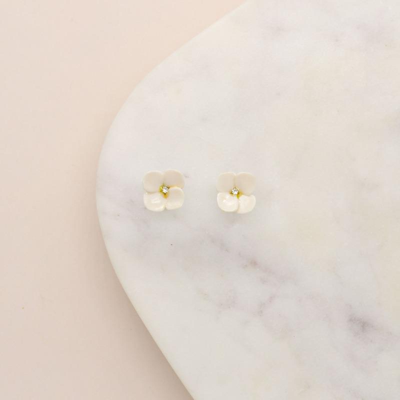 Silver and Porcelain White Hydrangea Stud Earrings Earrings Hop Skip Flutter 